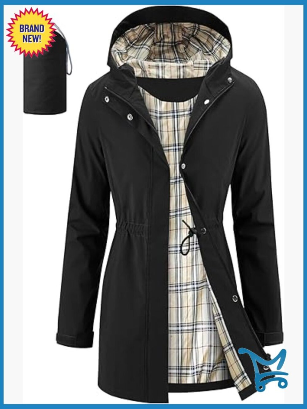 Women's Long Raincoat Packable Waterproof Hooded Plaid Lined Trench Jacket